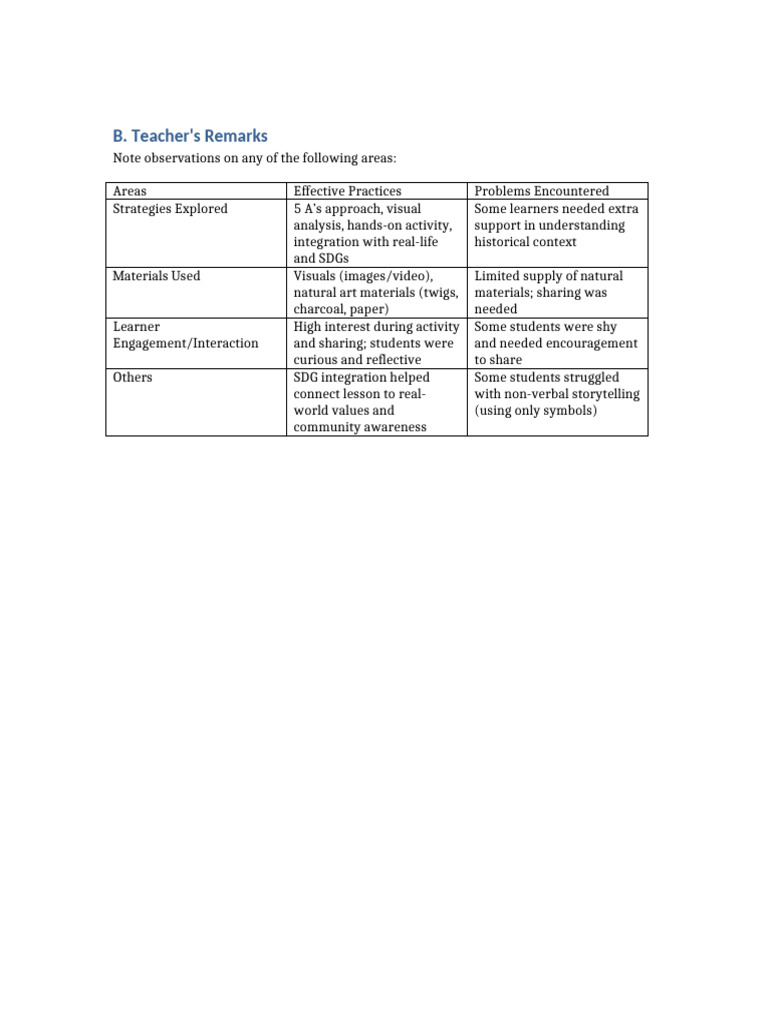 Teachers Remarks Table Arts9 | PDF