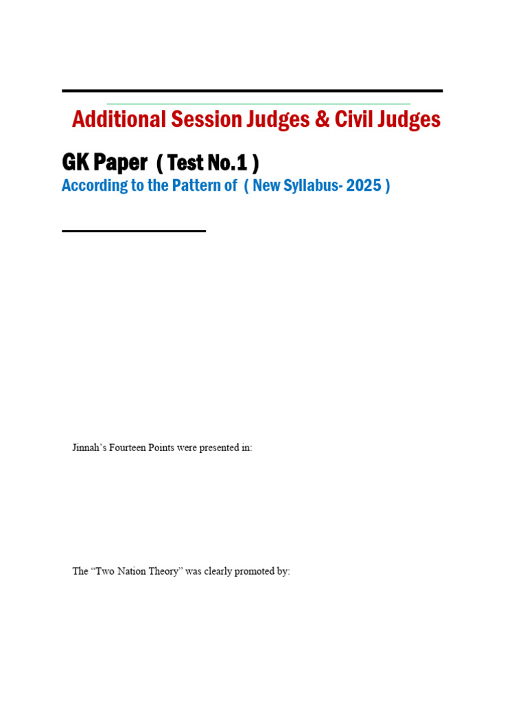 GK Paper for Judges - 2025 Syllabus | PDF | All India Muslim League ...