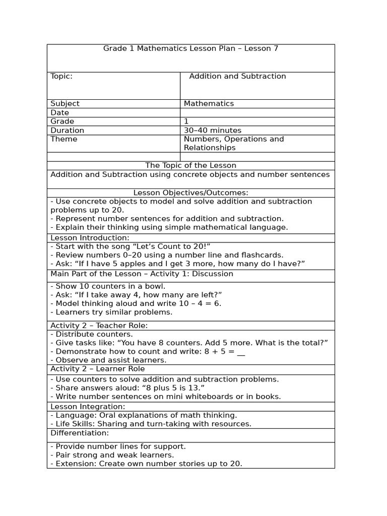 Grade 1 Math: Addition & Subtraction Plan | PDF