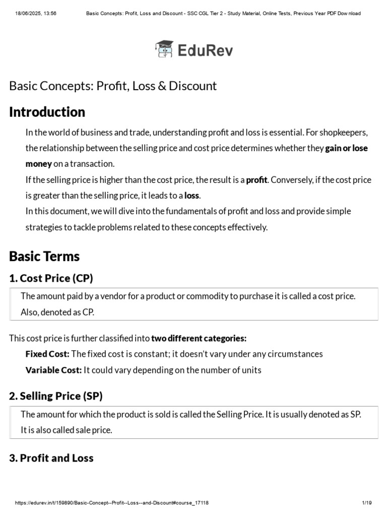 Profit, Loss and Discount | PDF | Prices | Cost