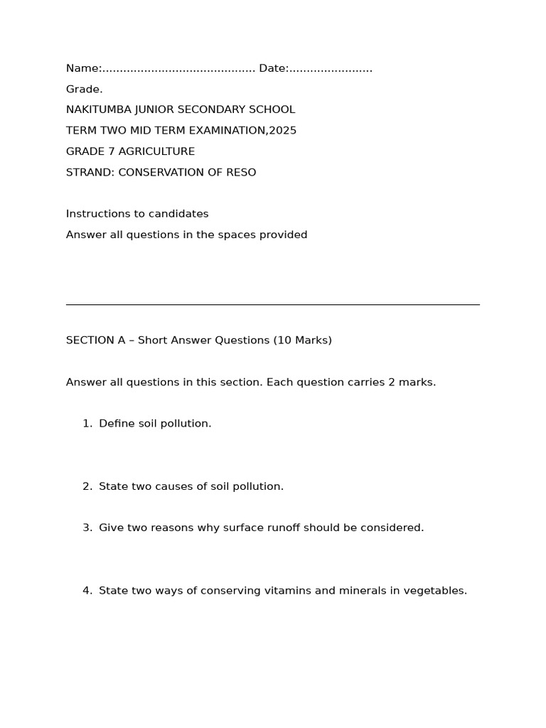 Grade 7 Agriculture Exam on Conservation | PDF