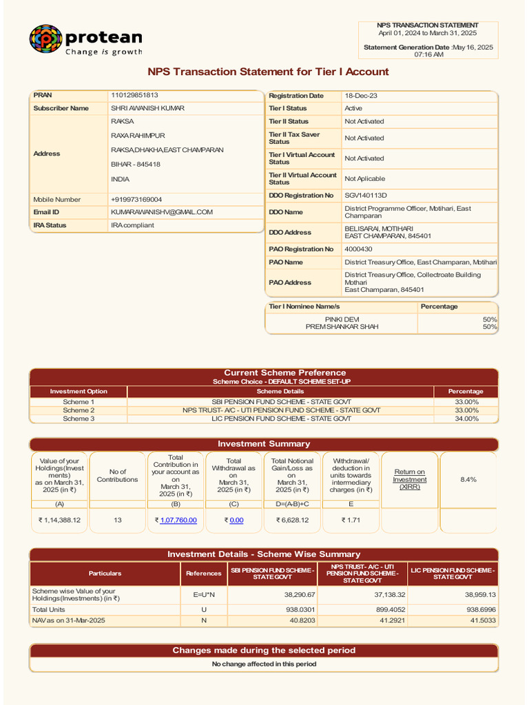 NPS Transaction Statement 2024-2025 | PDF | Financial Services | Taxes