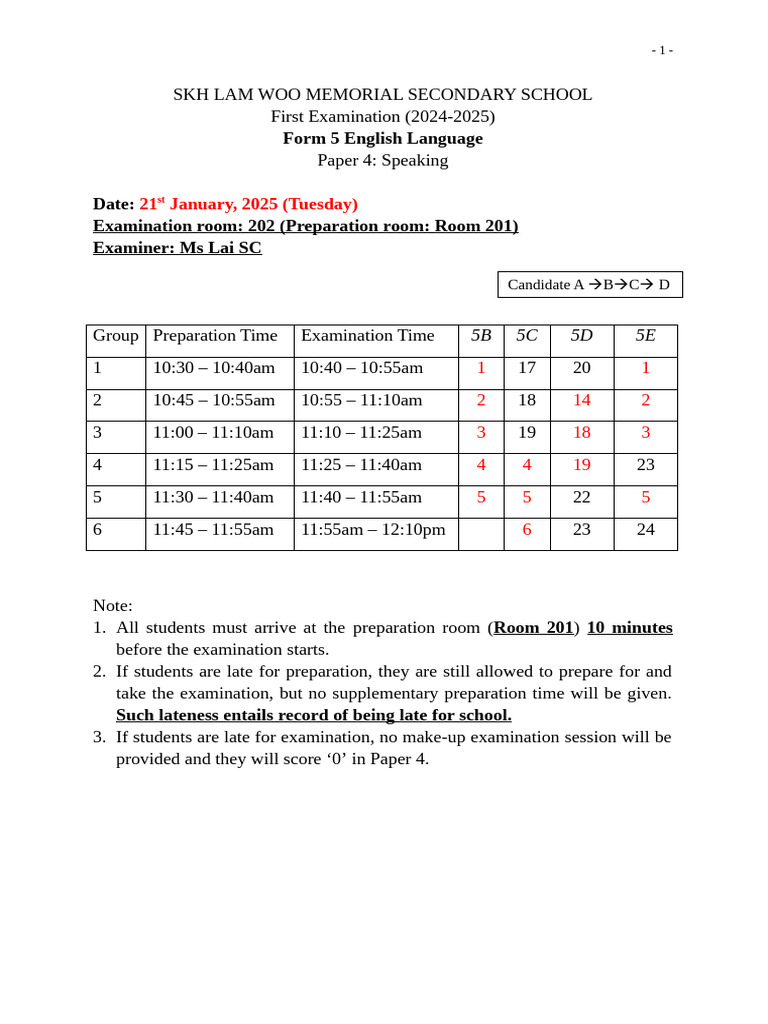 Form 5 English Speaking Exam Schedule | PDF