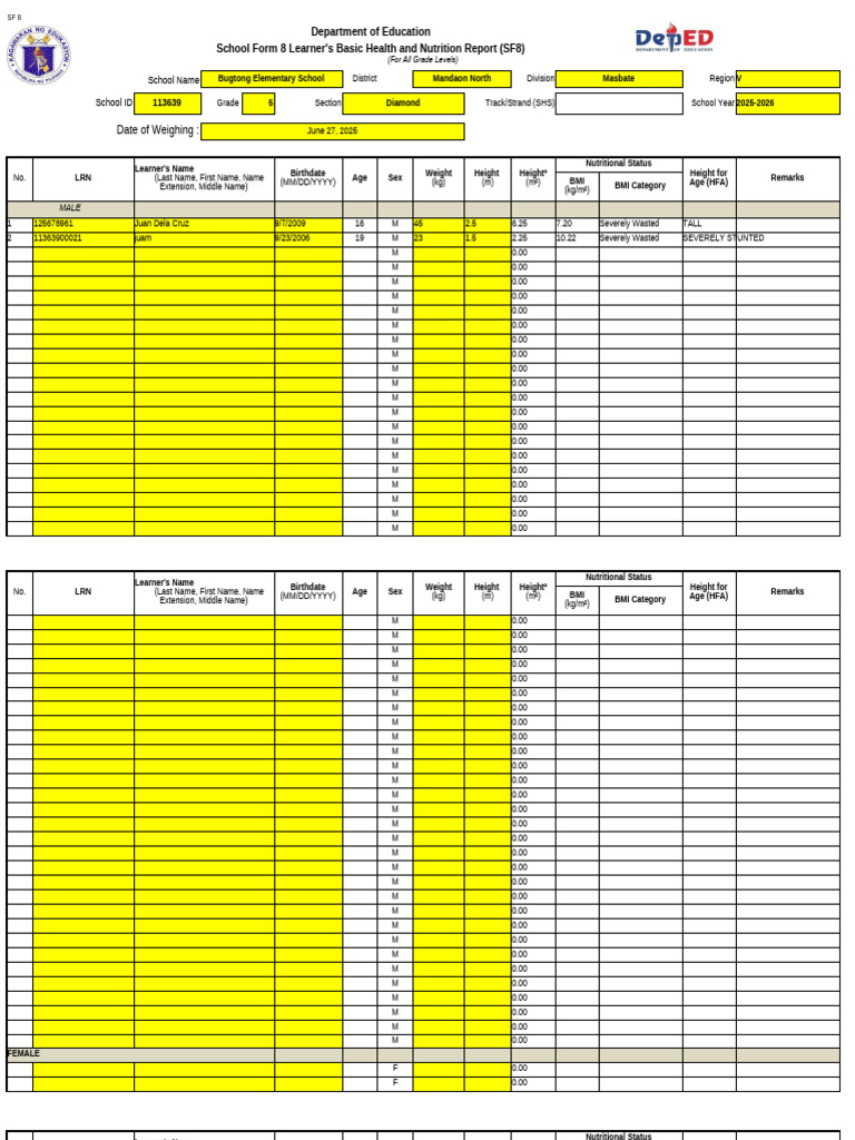 Learner Health & Nutrition Report SF8 | PDF | Body Mass Index | Overweight