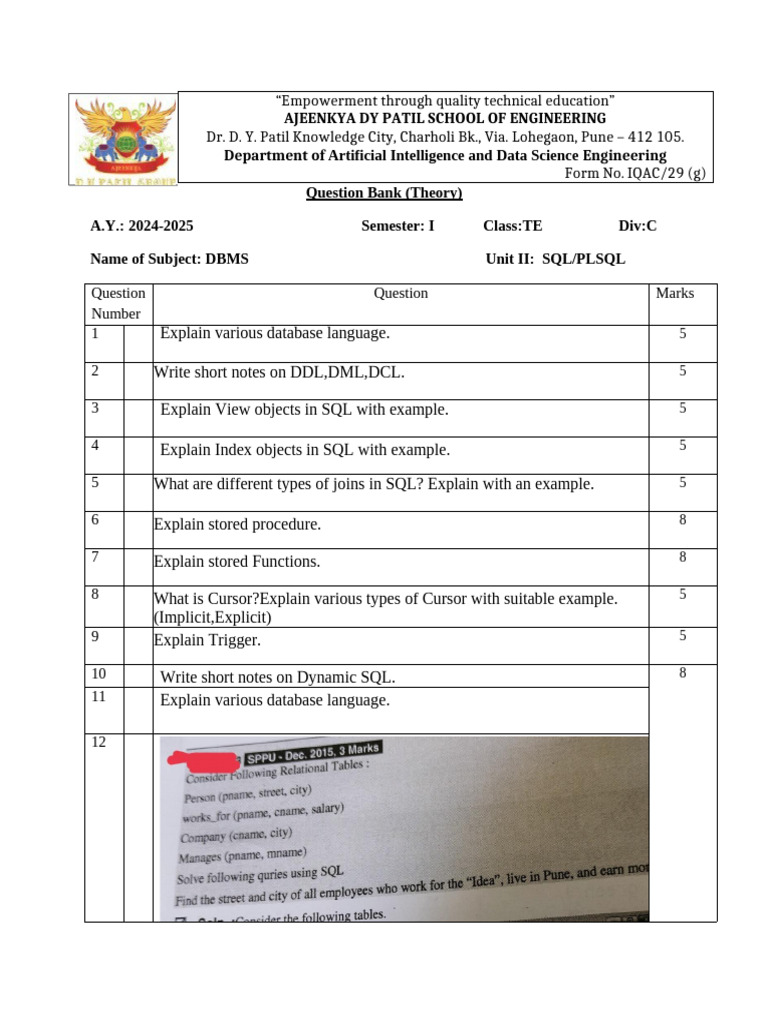 SQL/PLSQL Exam Questions for DBMS | PDF
