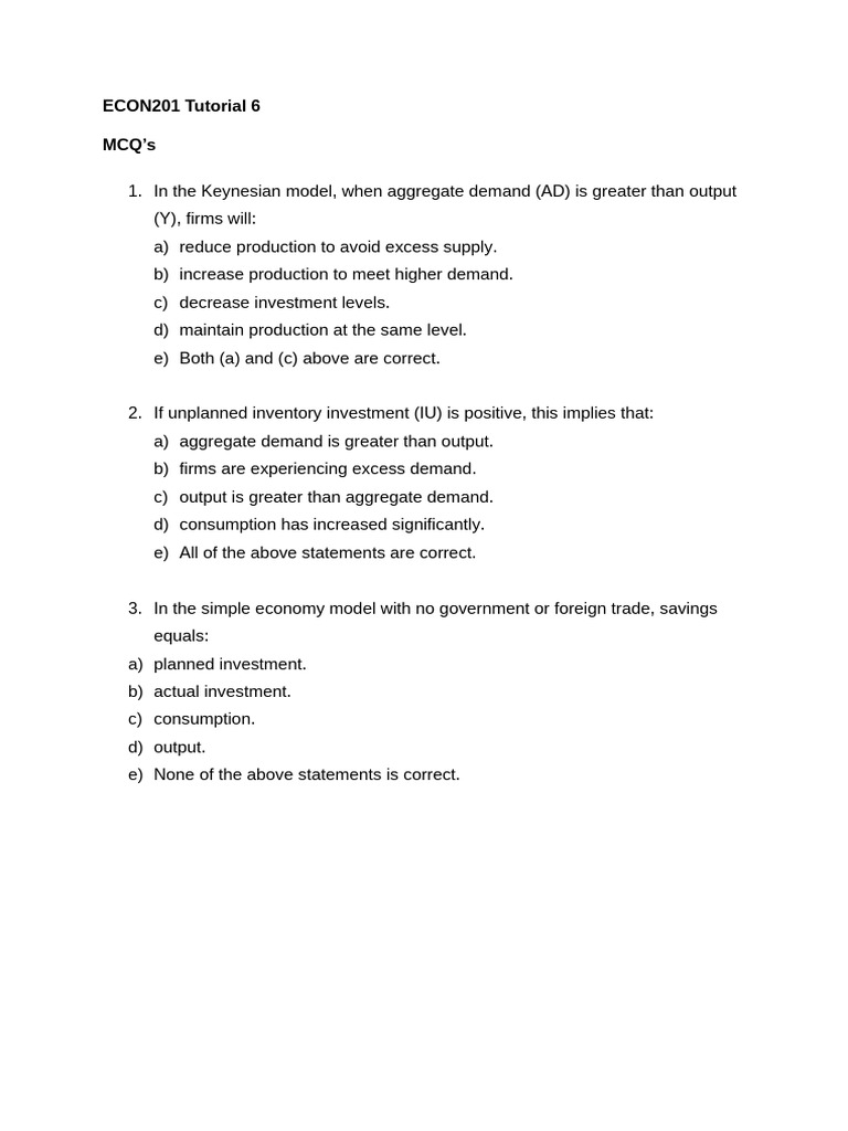 Econ 201 Tutorial 3 | PDF | Fiscal Multiplier | Aggregate Demand