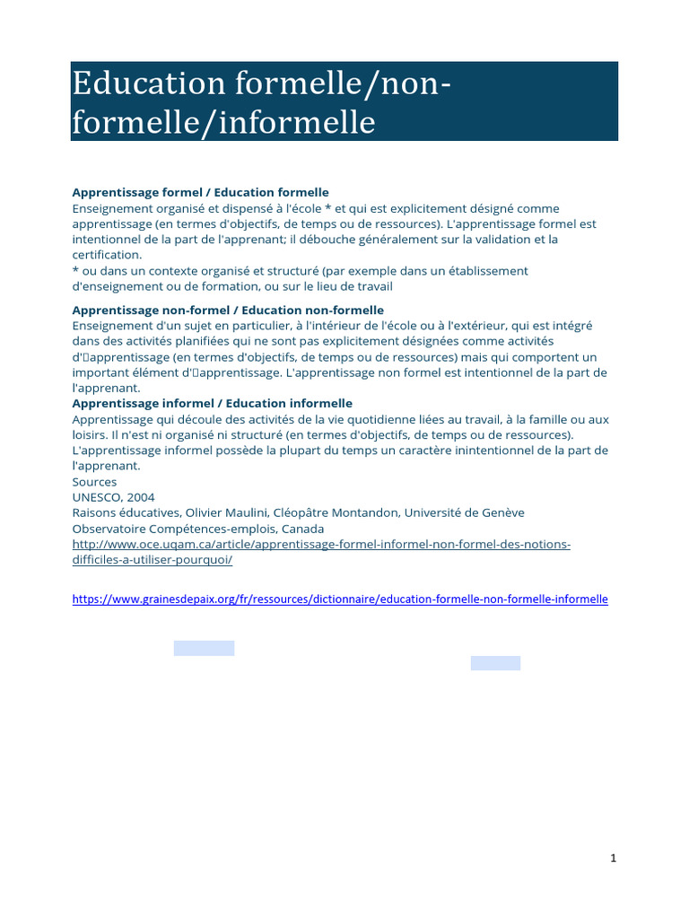 Éducation formelle, non-formelle, informelle | PDF | Alphabétisation ...