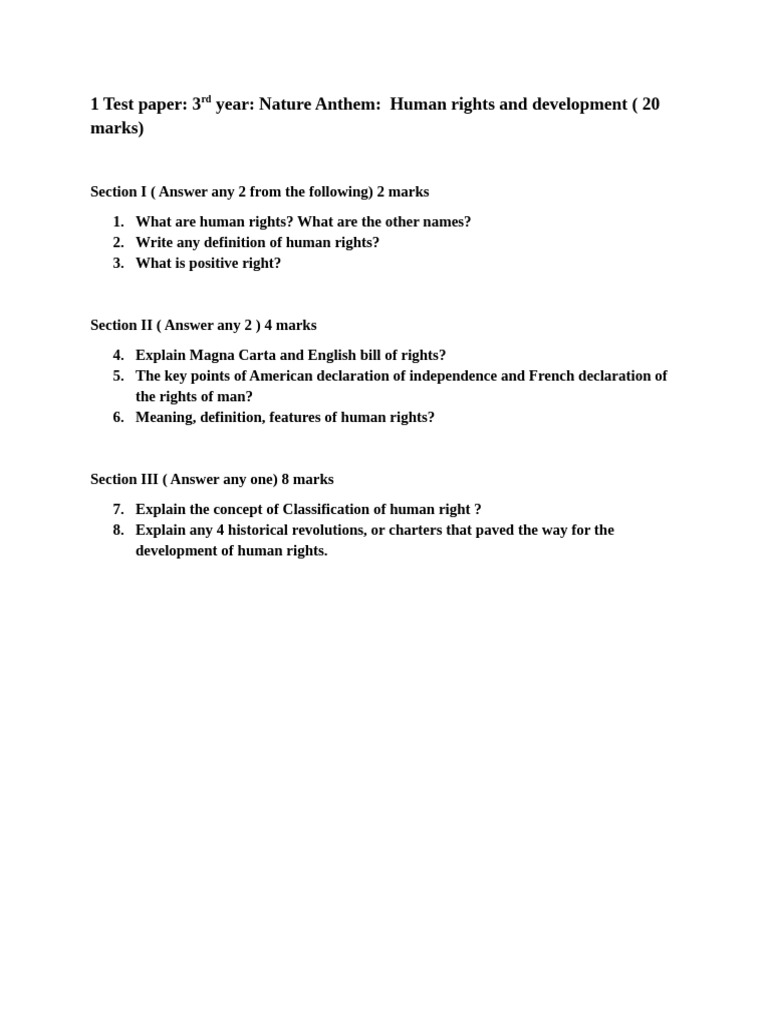 Human Rights Test Paper for 3rd Year | PDF