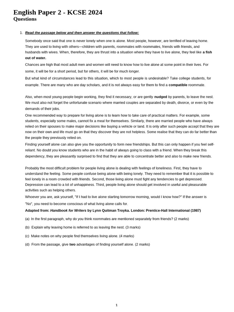KCSE 2024 English Paper 2 Overview | PDF