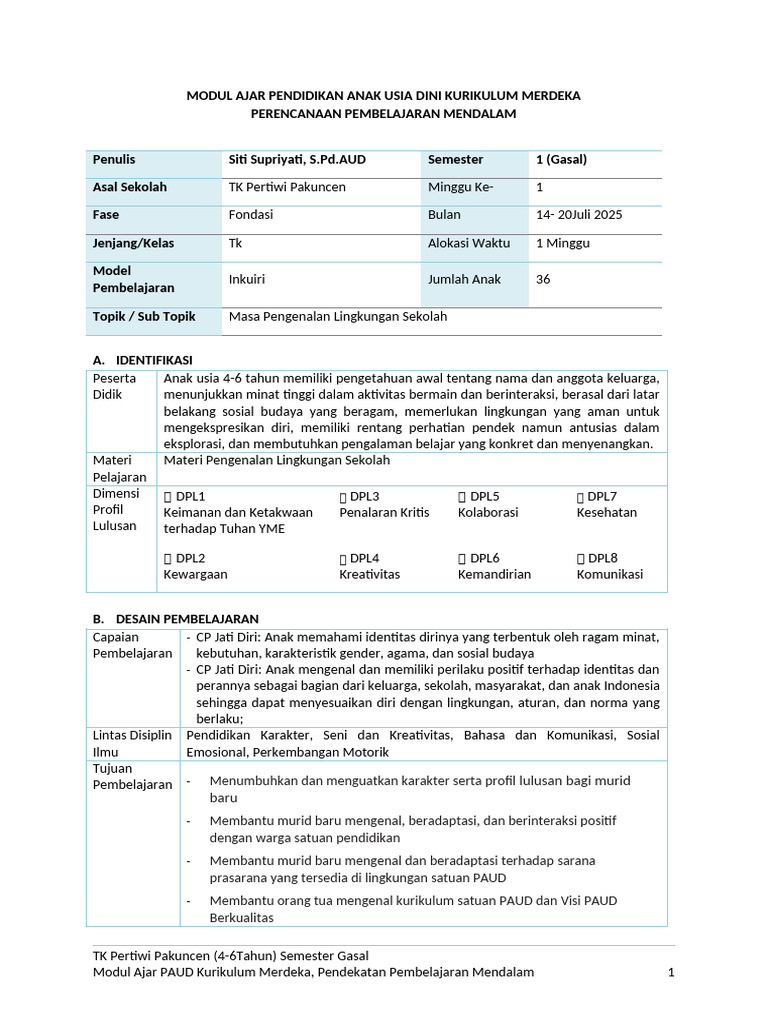RPP Pembelajaran Deep Learning TK A | PDF