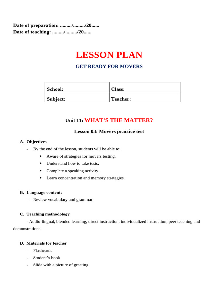 Movers Practice Test Lesson Plan | PDF | Lesson Plan | Human Communication