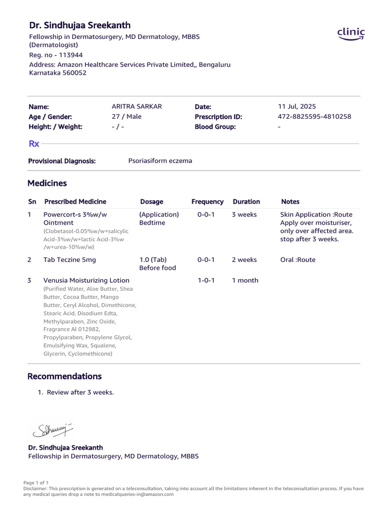 Prescription for Psoriasiform Eczema | PDF