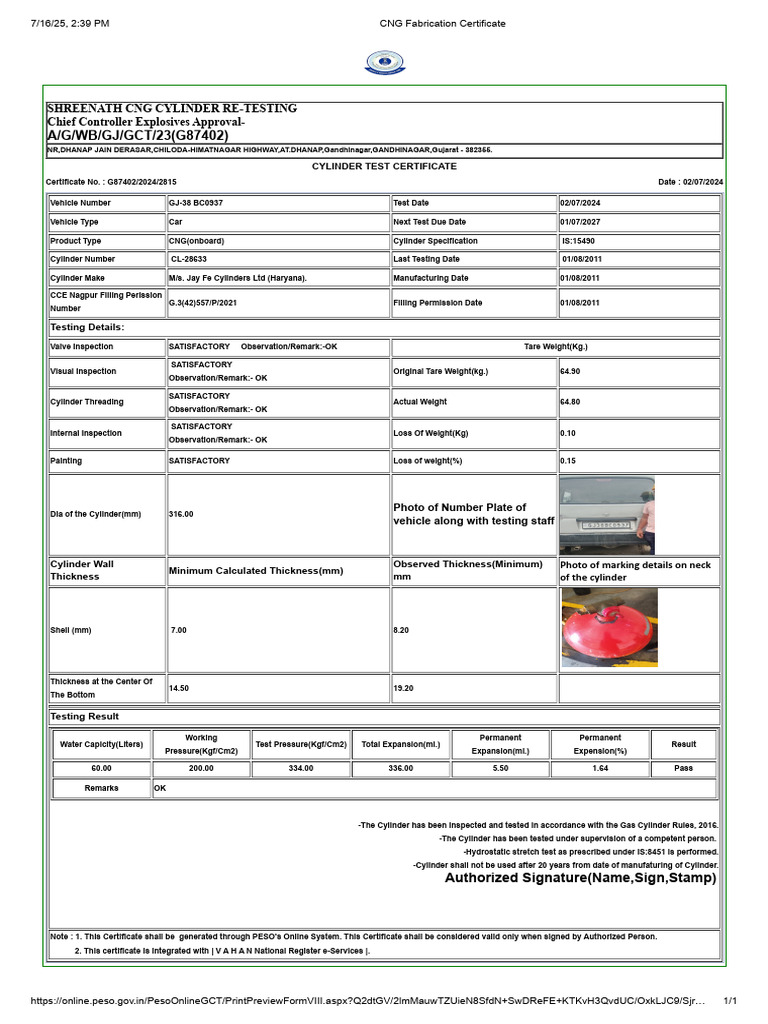 CNG Cylinder Test Certificate G87402 | PDF | Manufactured Goods | Equipment