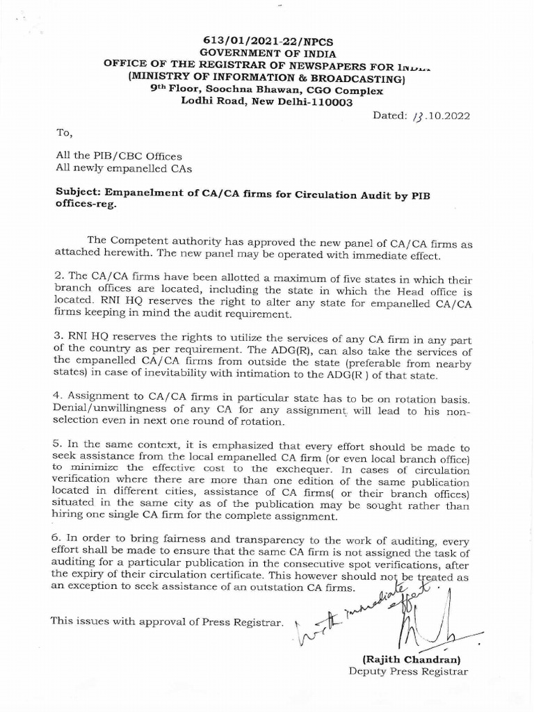 Empanelment of CA, CA Firms For Circualtion Audit by PIB Offices-2022 | PDF