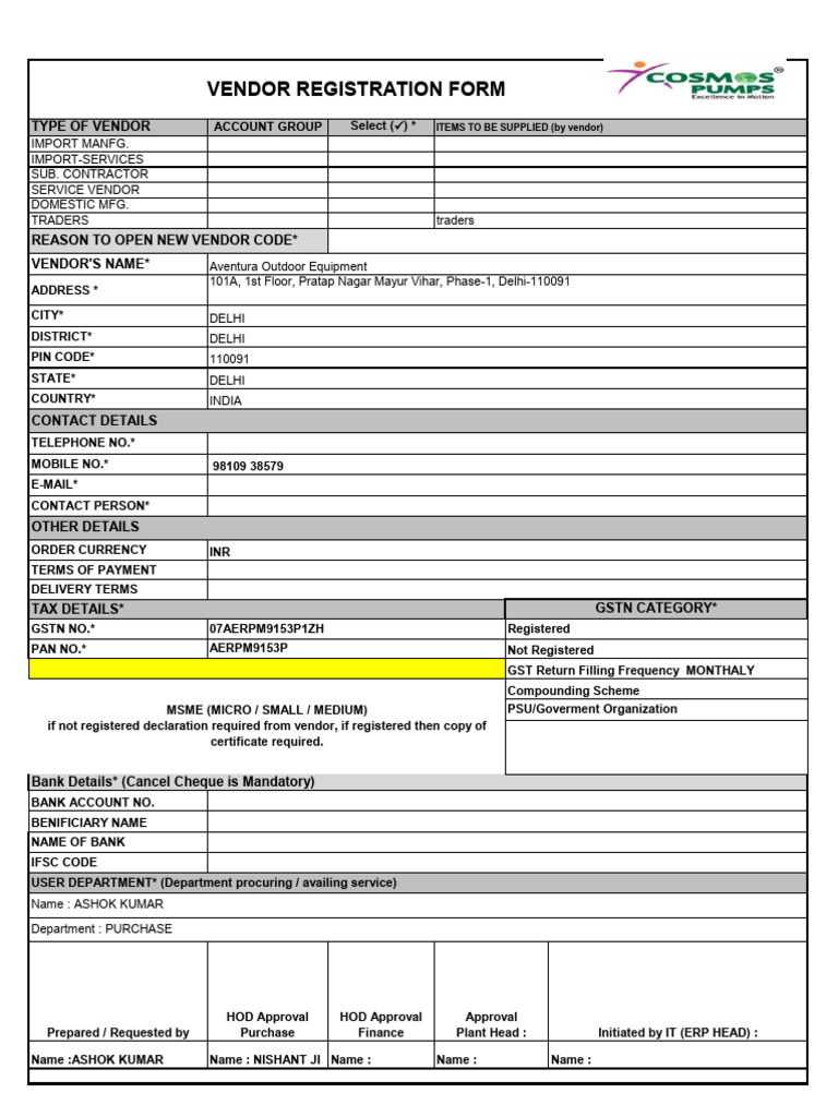BSNL Vendor Registration Form | PDF