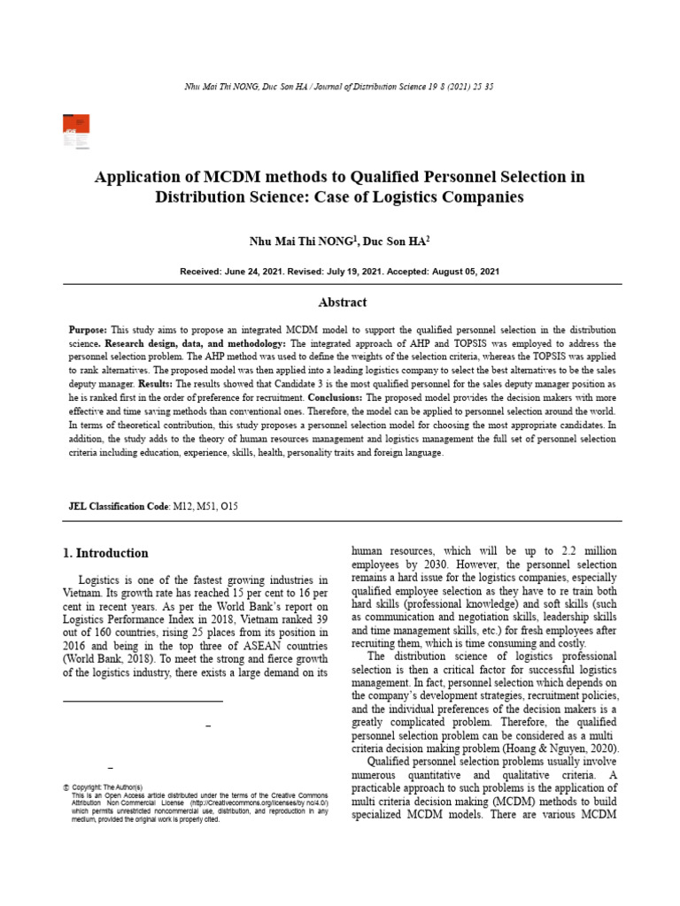 MCDM Methods for Personnel Selection in Logistics | PDF | Matrix ...