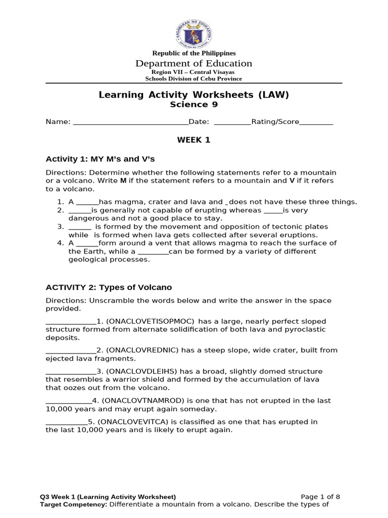 Science 9 Volcanoes Learning Activities | PDF | Types Of Volcanic ...
