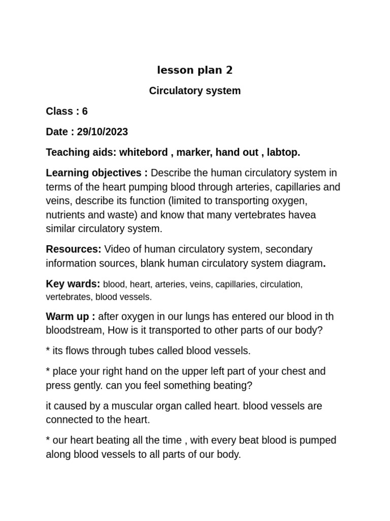 6th Grade Circulatory System Lesson Plan | PDF