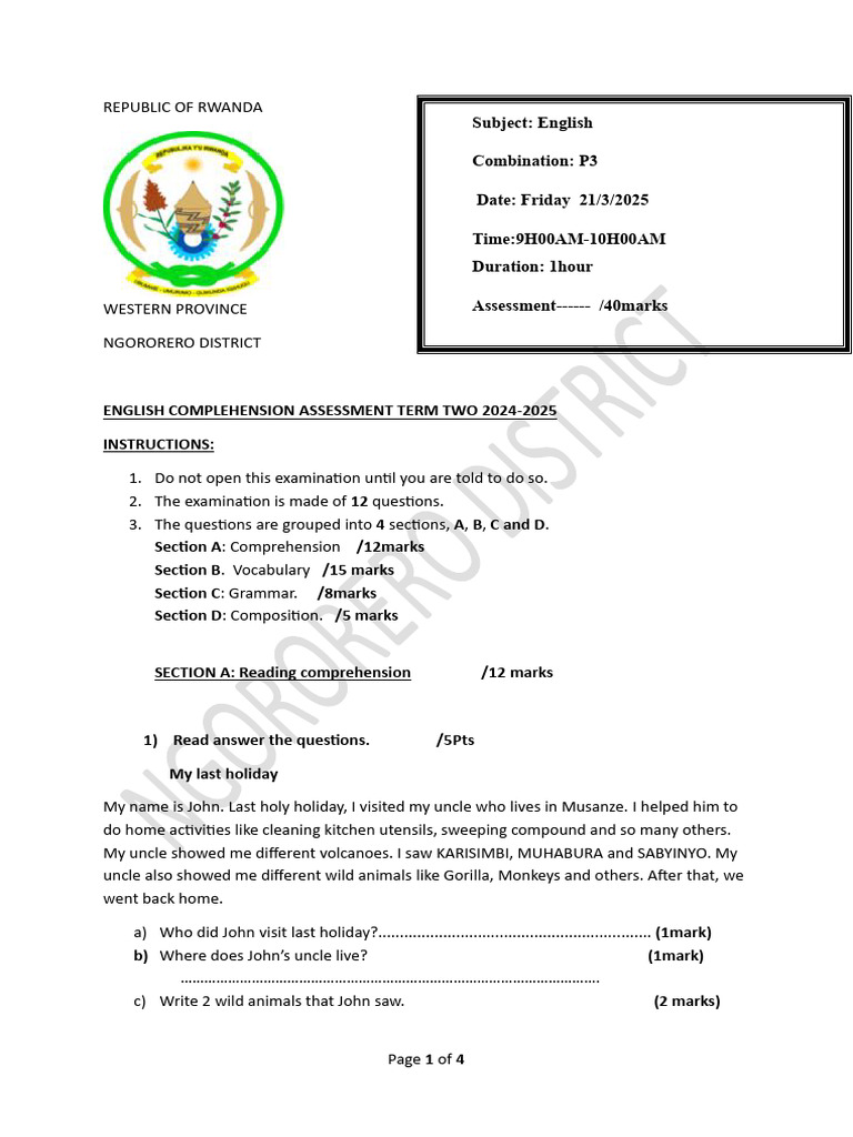 P3 English Comprehension Exam 2024-2025 | PDF | Grammatical Tense ...