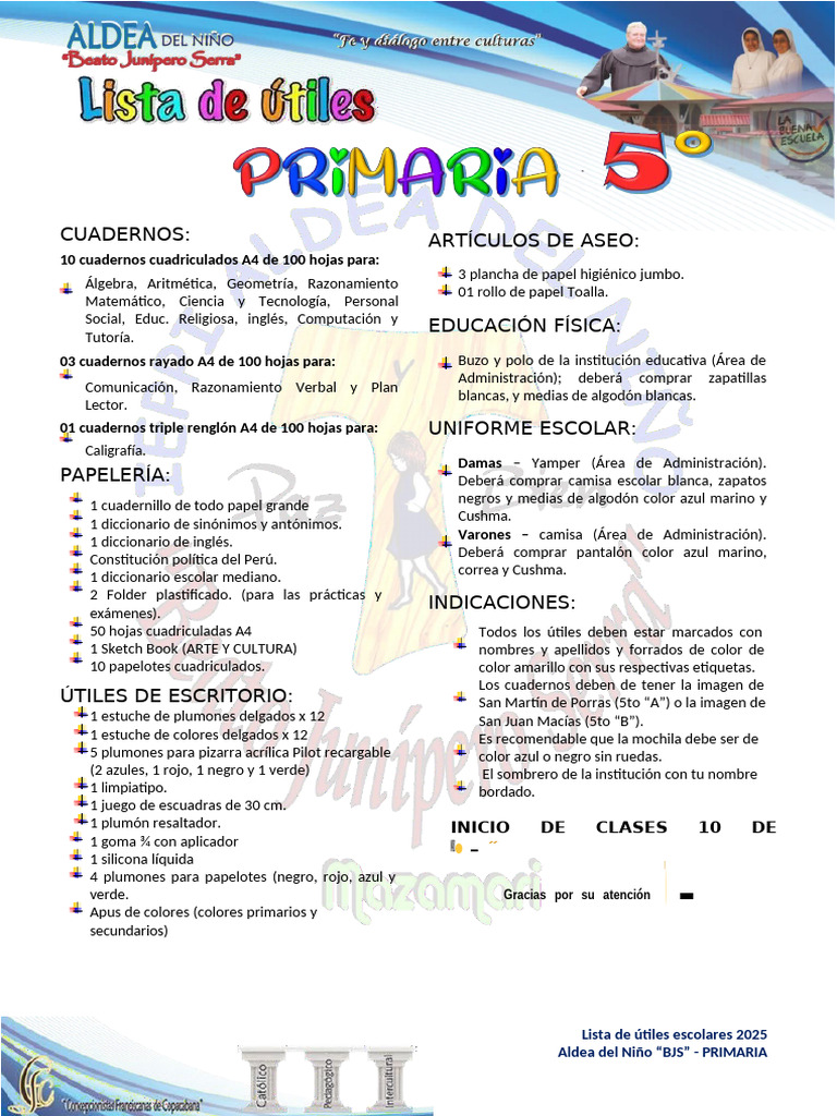 Lista de útiles escolares 2025 Primaria | PDF | Color
