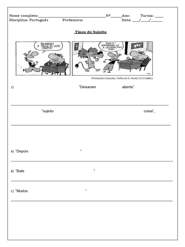 Tipos de Sujeito na Língua Portuguesa | PDF | Assunto (gramática ...