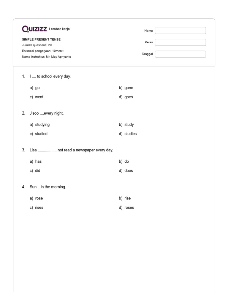 Simple Present Tense Quiz for Students | PDF | Chess Openings | Chess