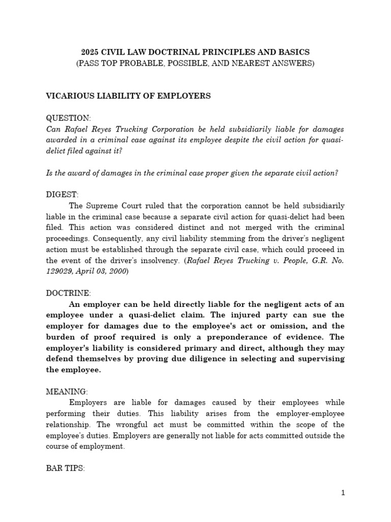Vicarious Liability in Civil Law Principles | PDF | Legal Liability ...