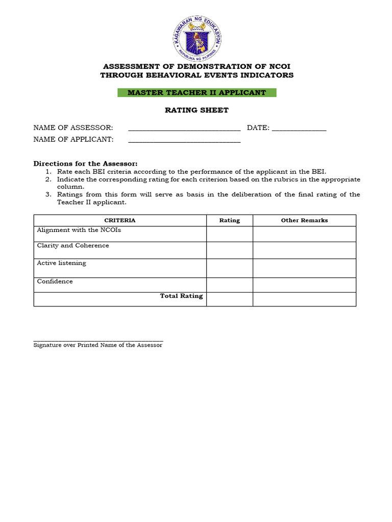 NCOI Rating Sheet for Master Teacher II | PDF