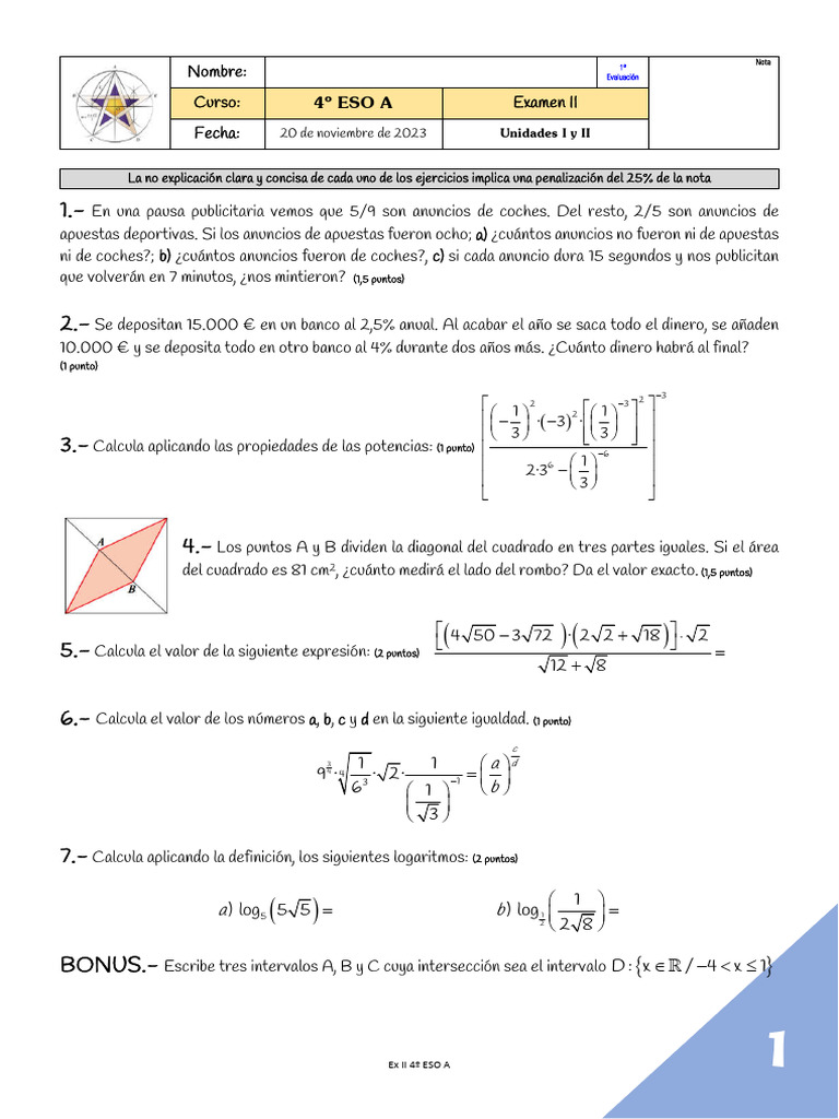Examen de Matemáticas 4º ESO A | PDF | Matemática Elemental | Matemáticas