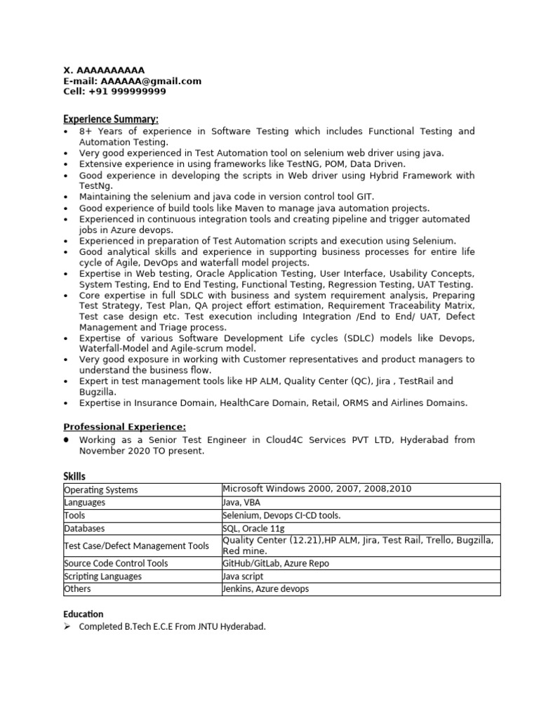 Senior Test Engineer Resume Summary | PDF | Software Testing | Software ...