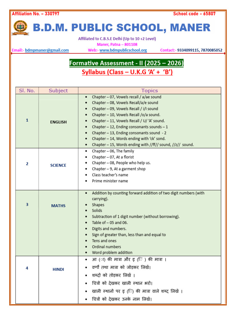 UKG Class Syllabus Overview 2025-2026 | PDF | Languages Of Asia ...