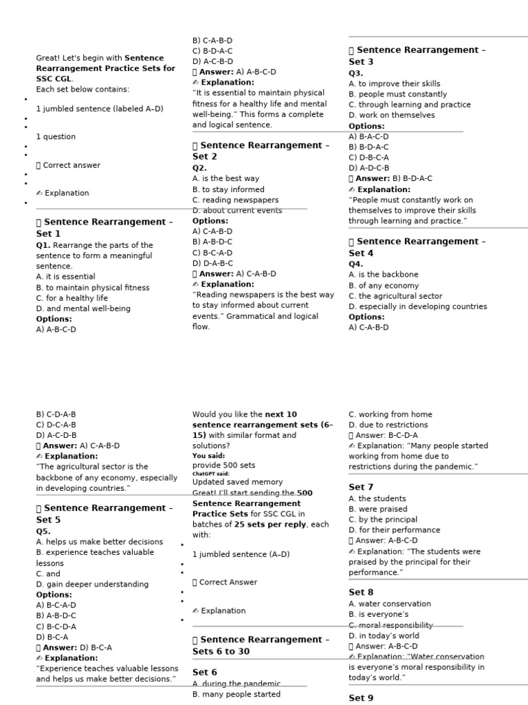 Sentence Rearrangement Practice for SSC CGL | PDF