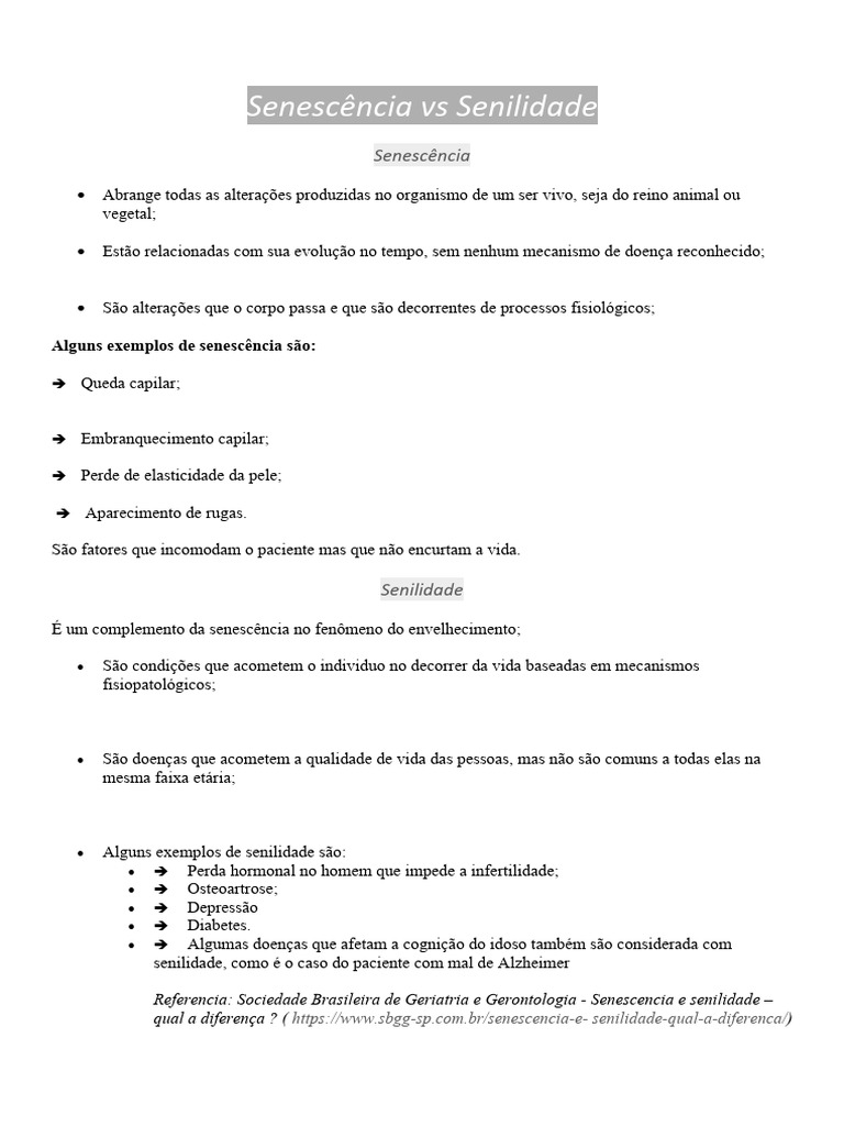 Diferenças entre Senescência e Senilidade | PDF | Envelhecimento ...
