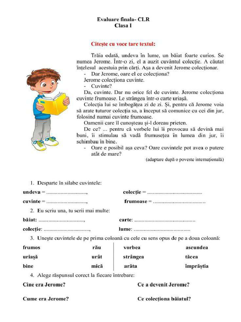 Evaluare Finala CLR - Clasa I.1 | PDF