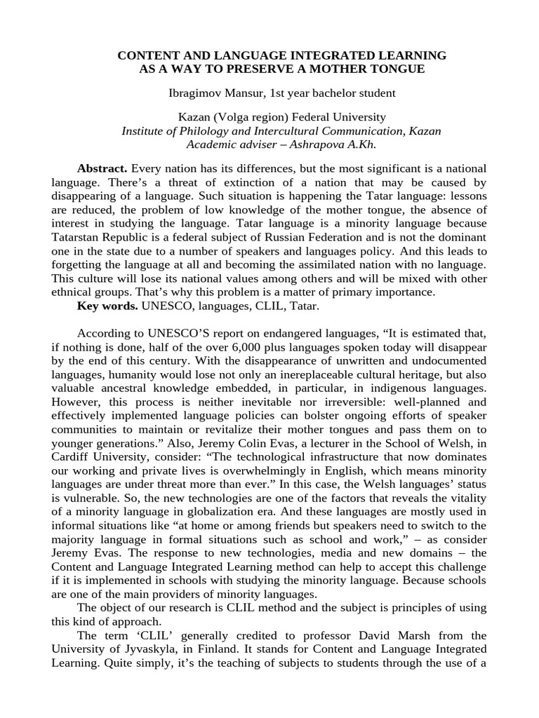 CLIL Method for Tatar Language Preservation | PDF | Language Education ...