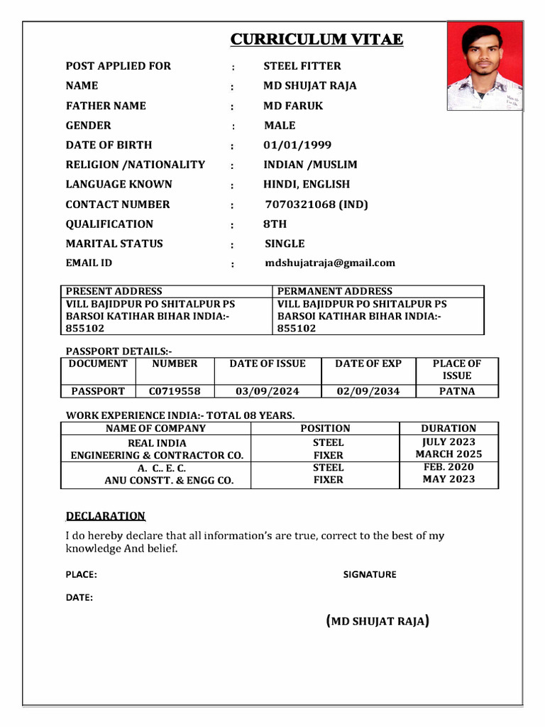 Steel Fitter CV of MD Shujat Raja | PDF