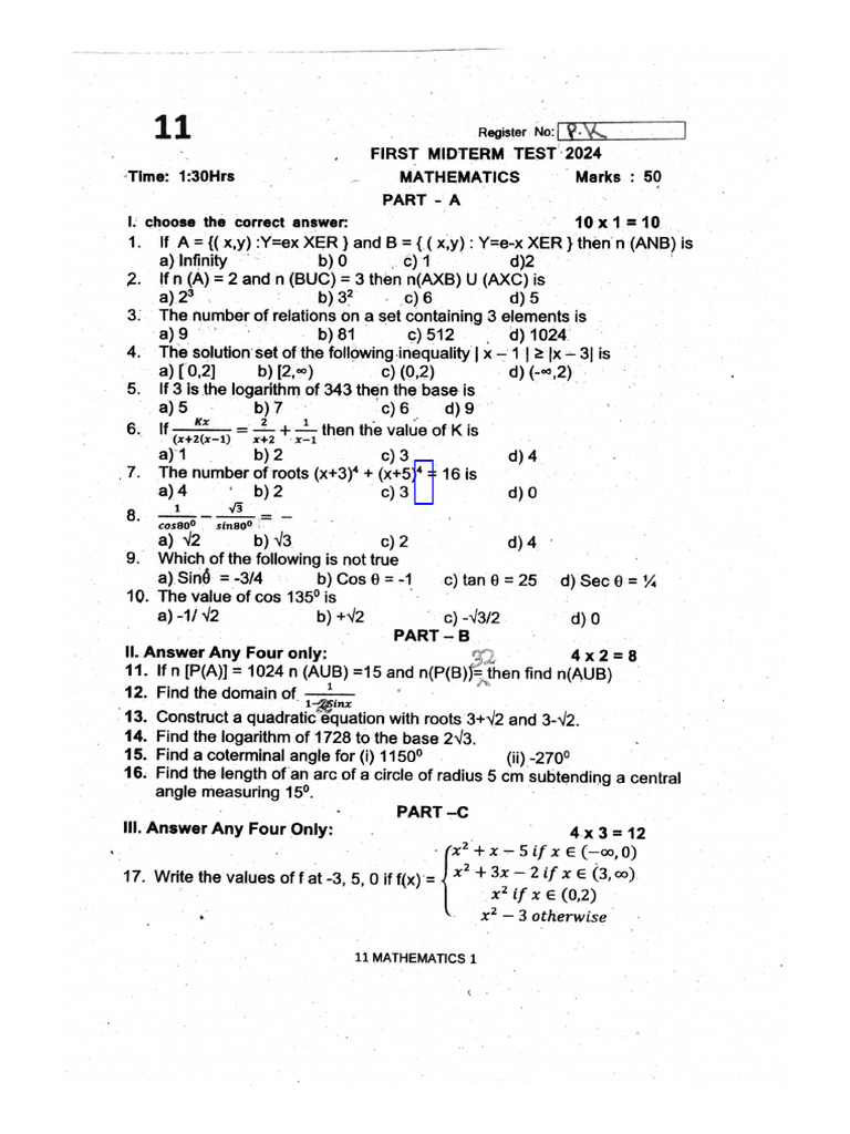 11th Maths 1st Mid Term Test 2024 Original Question Paper Coimbatore ...