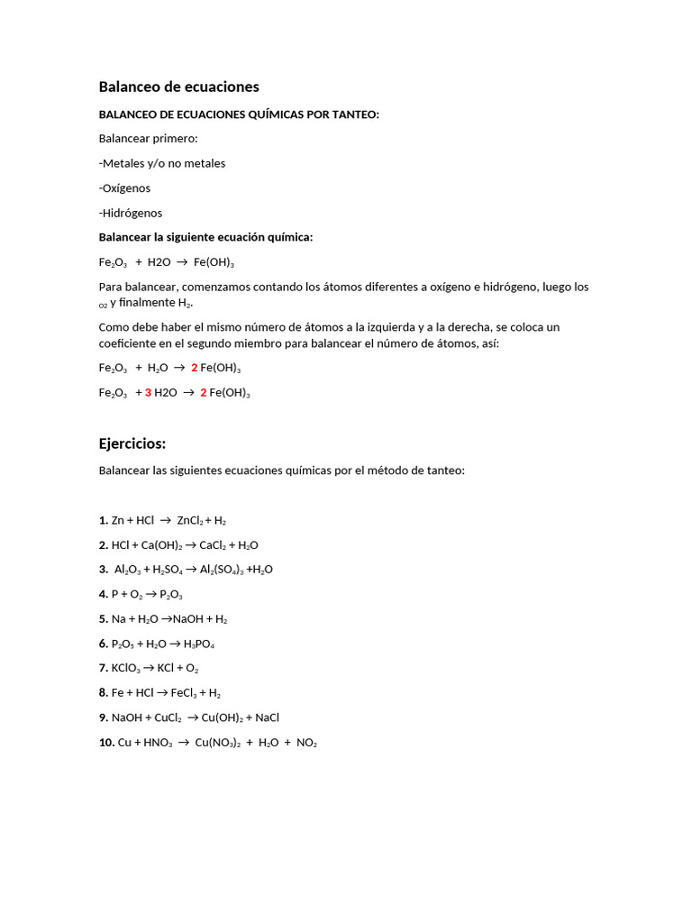 Balanceo de Ecuaciones Químicas por Tanteo | PDF