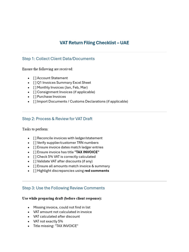 UAE VAT Return Filing Checklist | PDF | Invoice | Value Added Tax