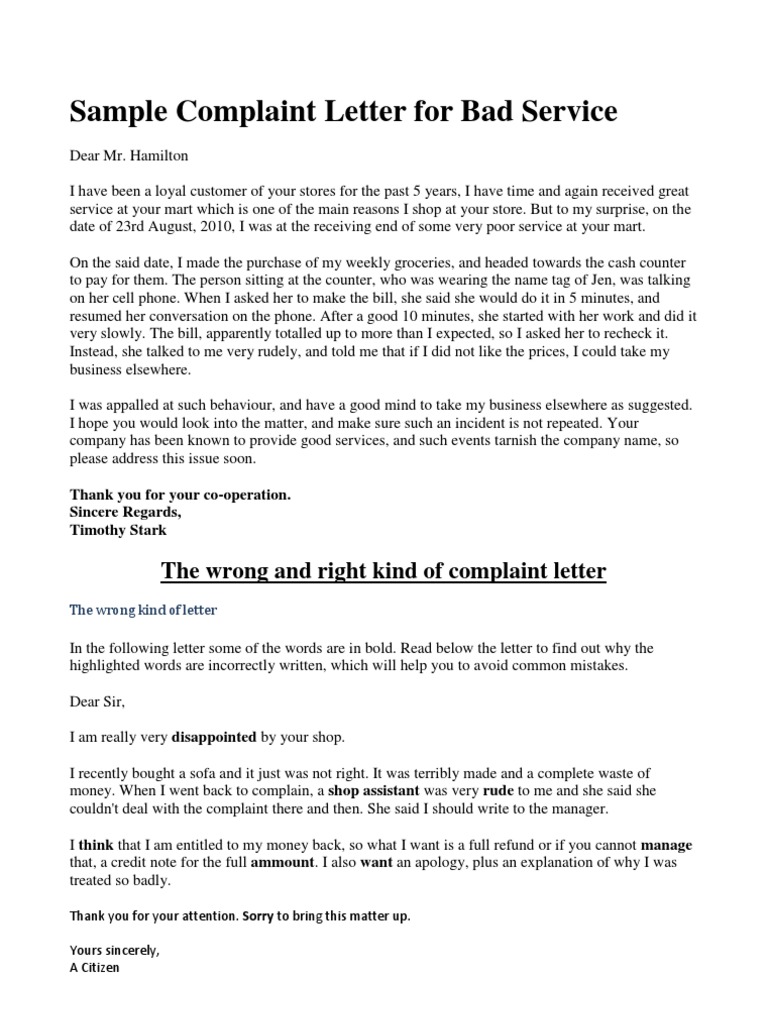 Sample Complaint Letter For Bad Service  PDF  Retail  Goods