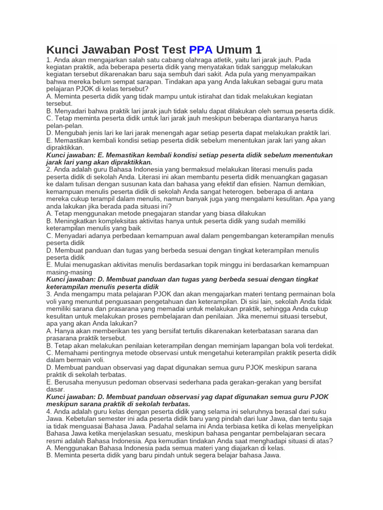 Kunci Jawaban Post Test PPA Umum 1 | PDF
