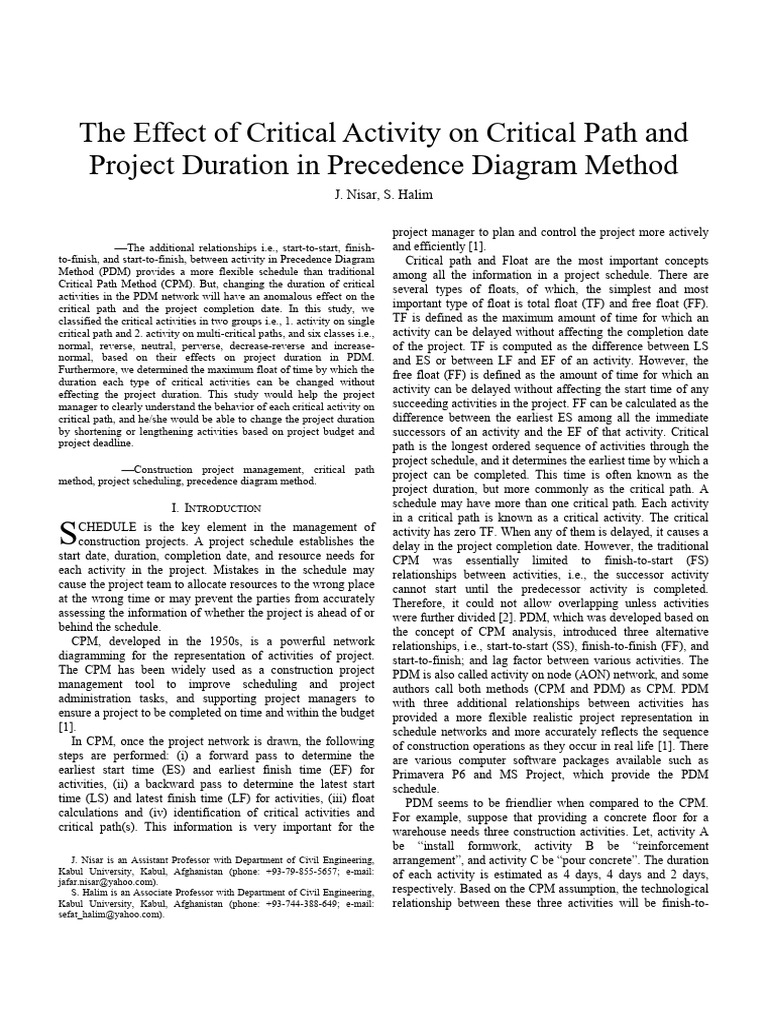 The Effect of Critical Activity On Critical Path and Project Duration ...