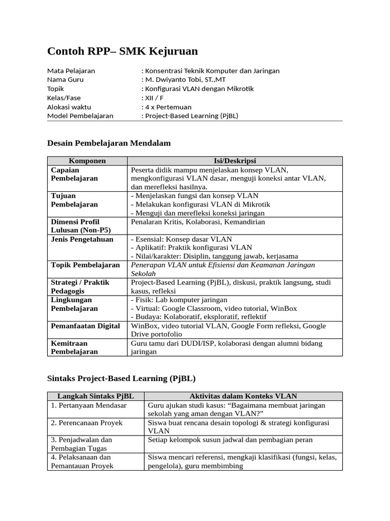 RPP Pembelajaran Mendalam VLAN SMK | PDF
