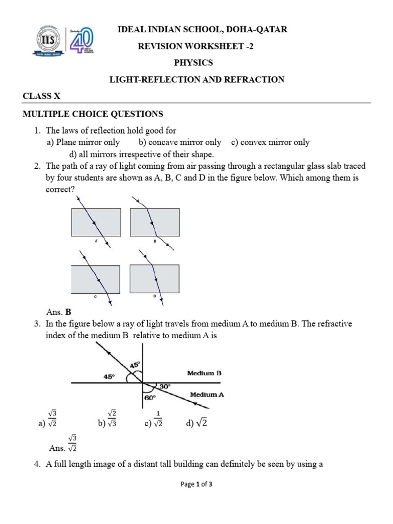 Class 10 Light Reflection Worksheet | PDF | Refractive Index | Mirror