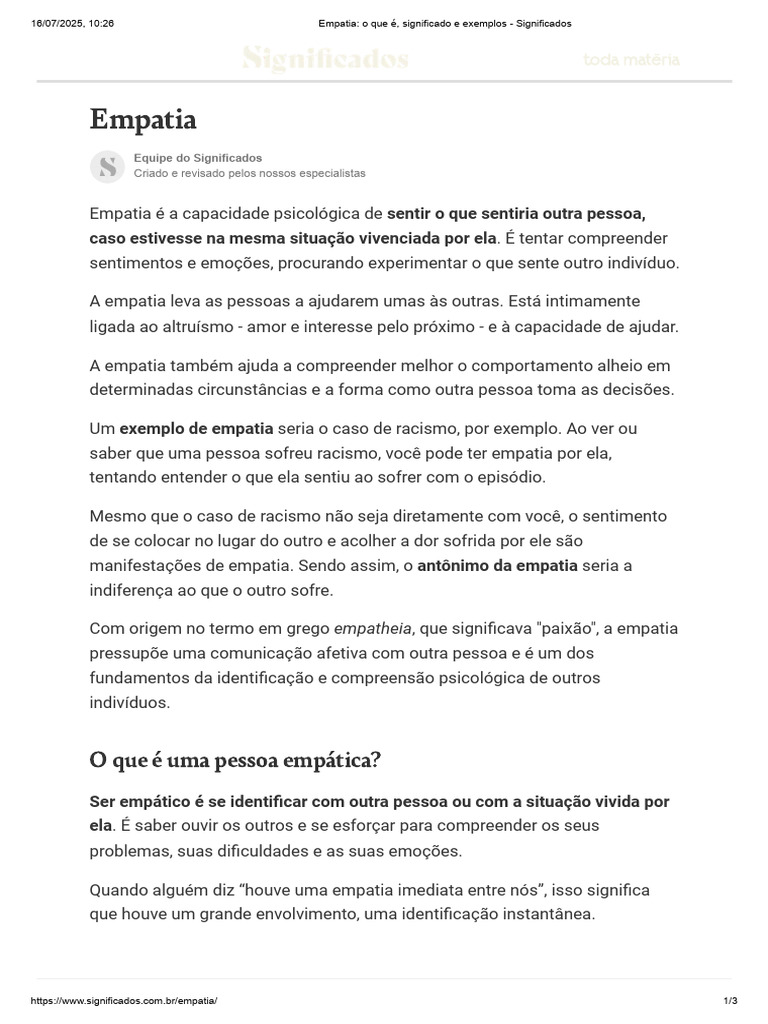 Empatia - o Que É, Significado e Exemplos - Significados | PDF ...