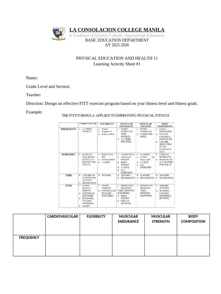 FITT Exercise Program Guide for PE 11 | PDF