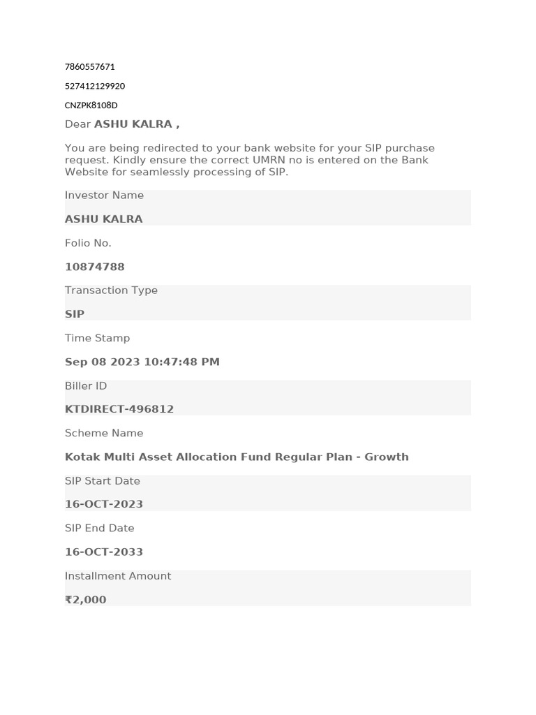SIP Purchase Confirmation for Ashu Kalra | PDF