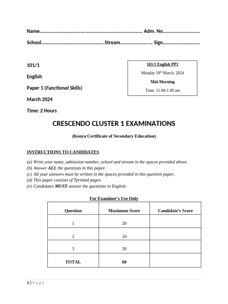 KCSE English Paper 1 Exam 2024 | PDF