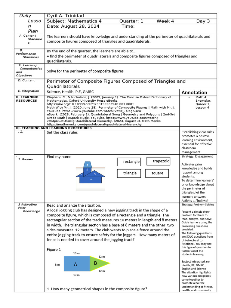 Lesson Plan Grade 4 Perimeter of Composite Figures | PDF | Learning ...