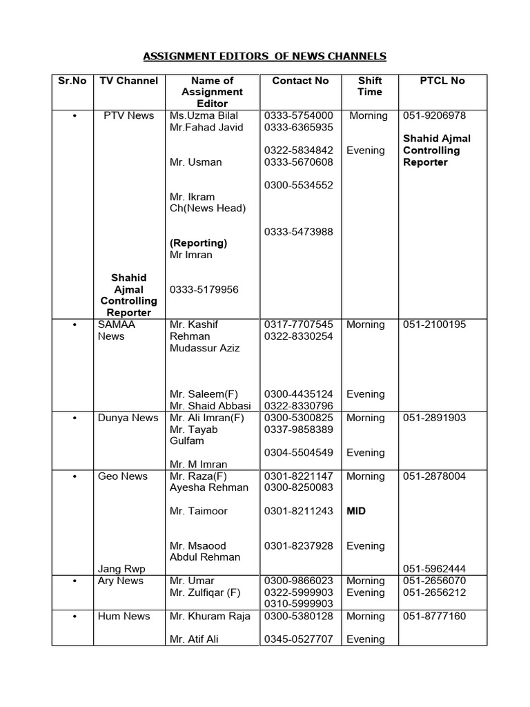 News Channel Assignment Editors List | PDF